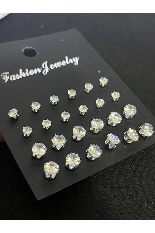 12 Adet Farklı Boylarda Gümüş Taşlı Küpe Seti