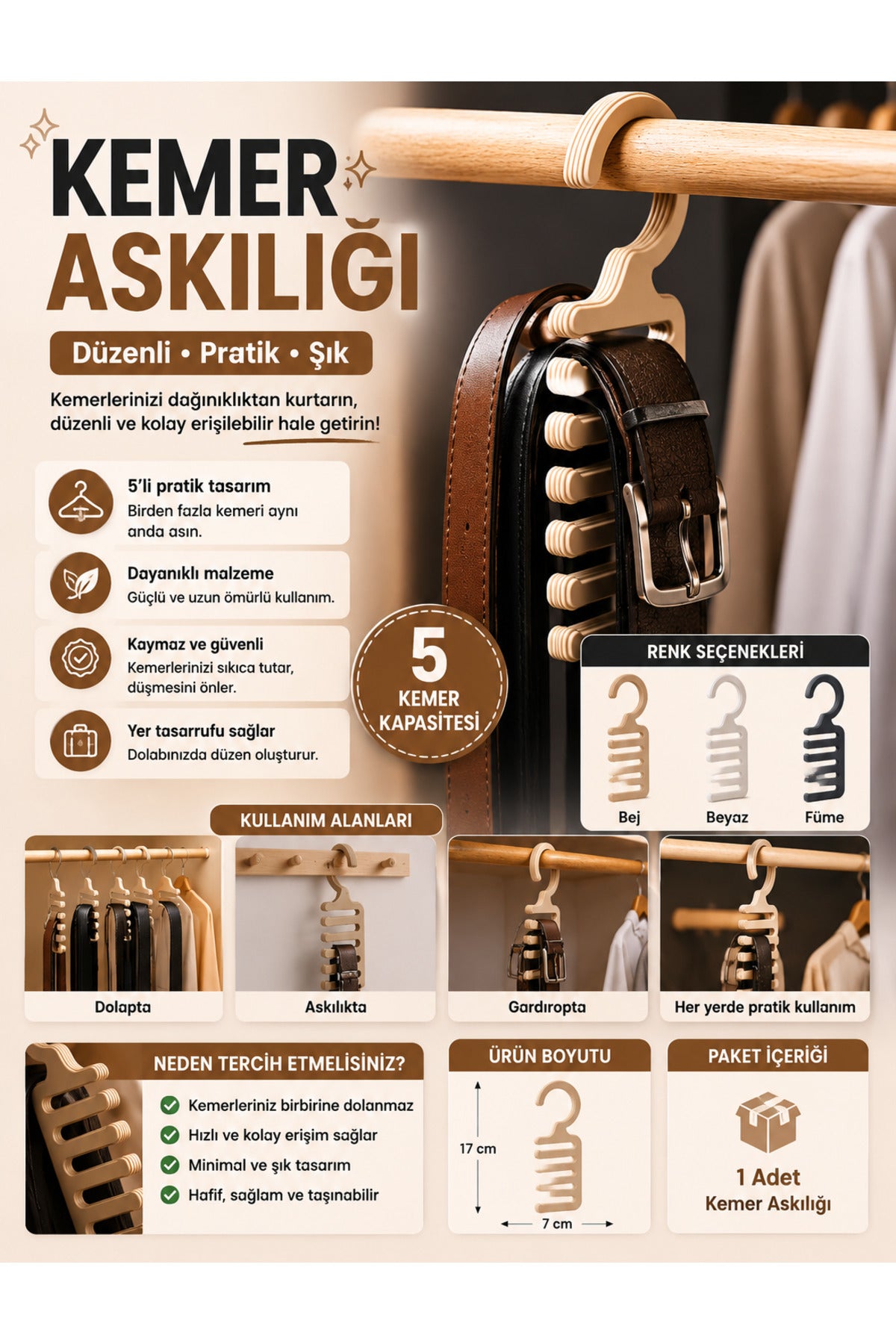 Kemer Askılığı 5 Kemer Kapasiteli Dolabınızda Tasarruf Sağlayan Kemerle İçin