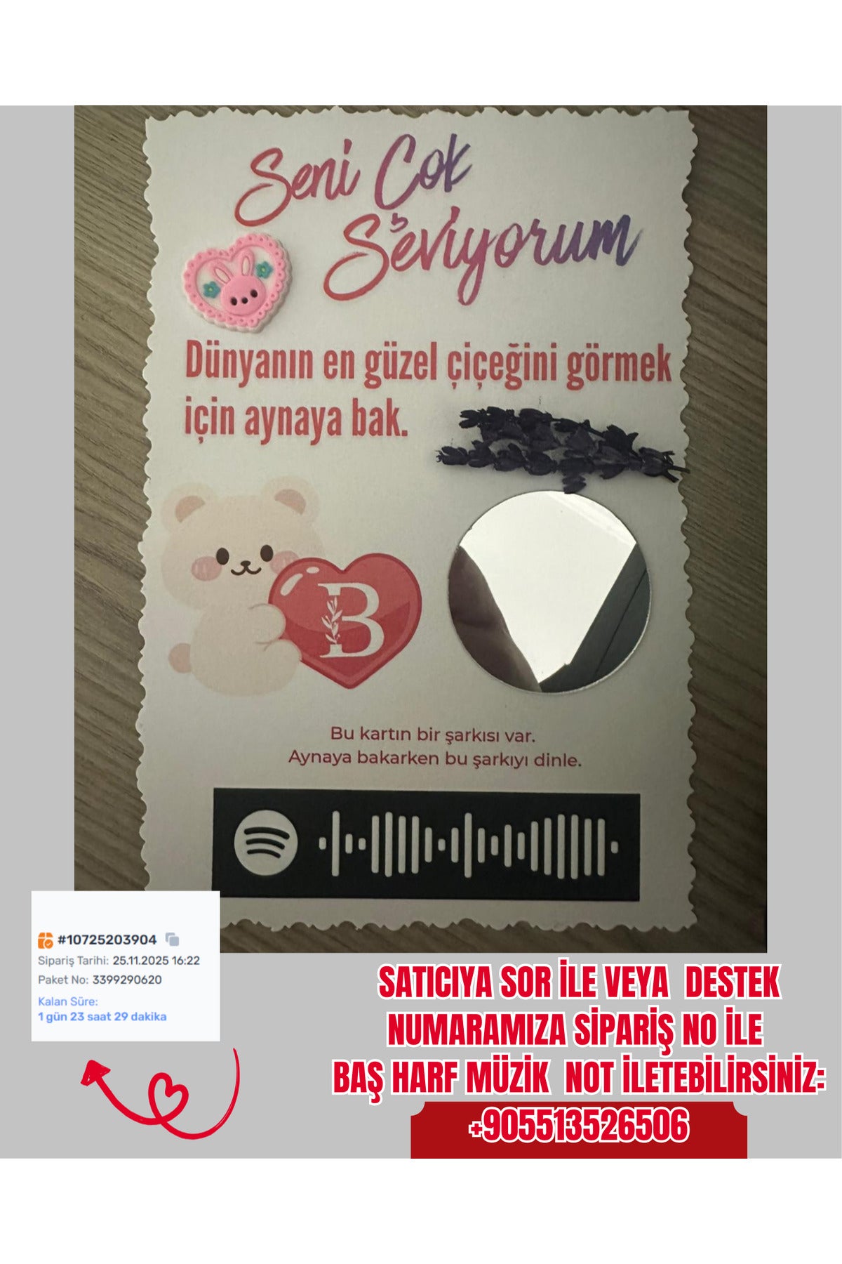 Aynalı Çiçekli Spotify Müzikli Standlı Seni Seviyorum Baş Harfli Stickerlı Hediye Kartı Kişiye Özel - 2