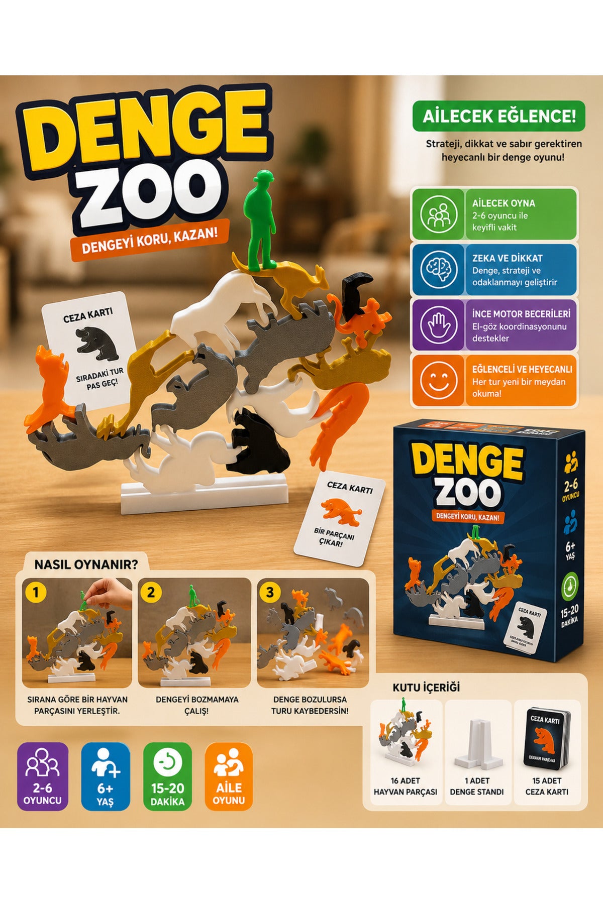 Denge Zoo Hayvan Denge Oyunu Eğitici Cezalı Kartlı Oyun Aktivite Ailecek Eğlence - 2