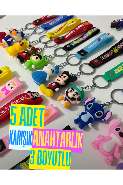 5 Adet Çeşitli 3D Anahtarlık Micky Pikaçu Hello Kitty Basketbolcu Mario Figür Karışık Gönderilir