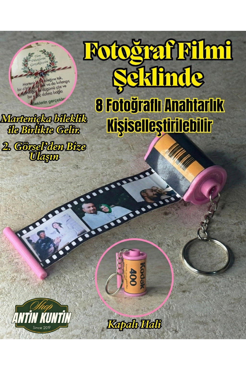 Pembe Fotoğraf Filmi Şeklinde 8 Fotoğraflı Anahtarlık Hediyelik Sevgiliye Hatıra Bileklikle Gelir
