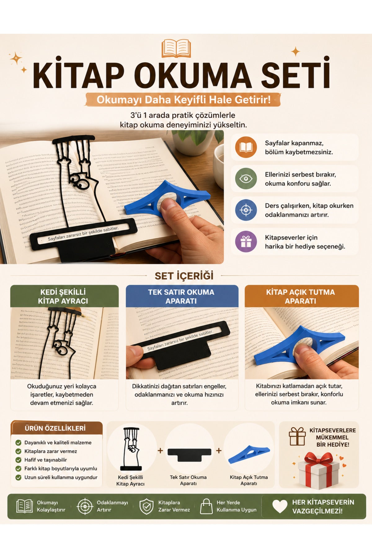 Kitap Okuma Seti Ayraç + Kitap Ayırıcı + Tek Satır Okuma Eğitici Set Hediyelik