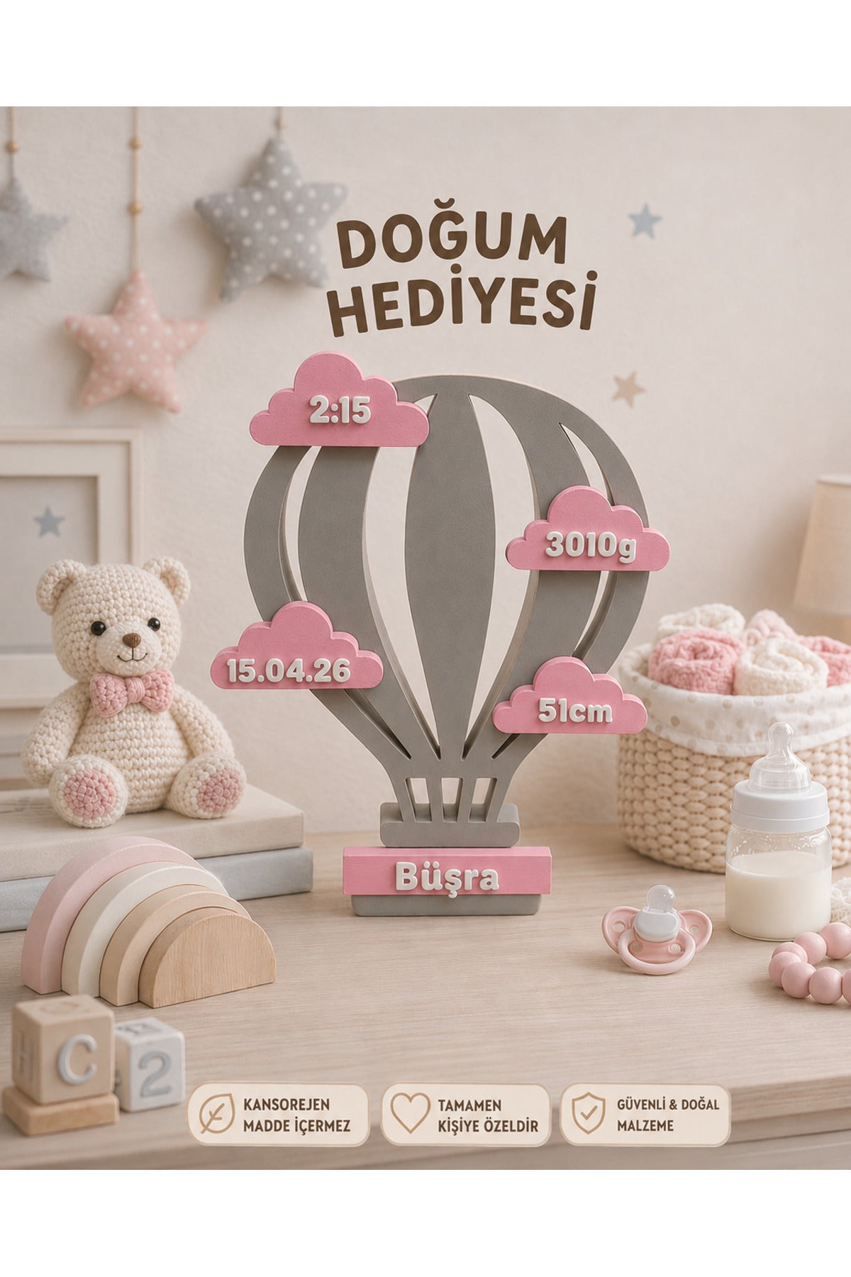 Doğum Hediyesi Uçan Balon Şeklinde Doğum Zamanı Boy Kilo İsimli Bebek Çocuk Hatıra Hediye