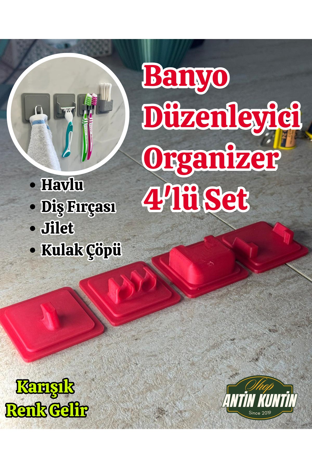 Banyo Düzenleyici Organizer 4'lü Set Havlu Diş Fırçası Jilet Kulak Çöpü Asma Askılık Karışık Renk