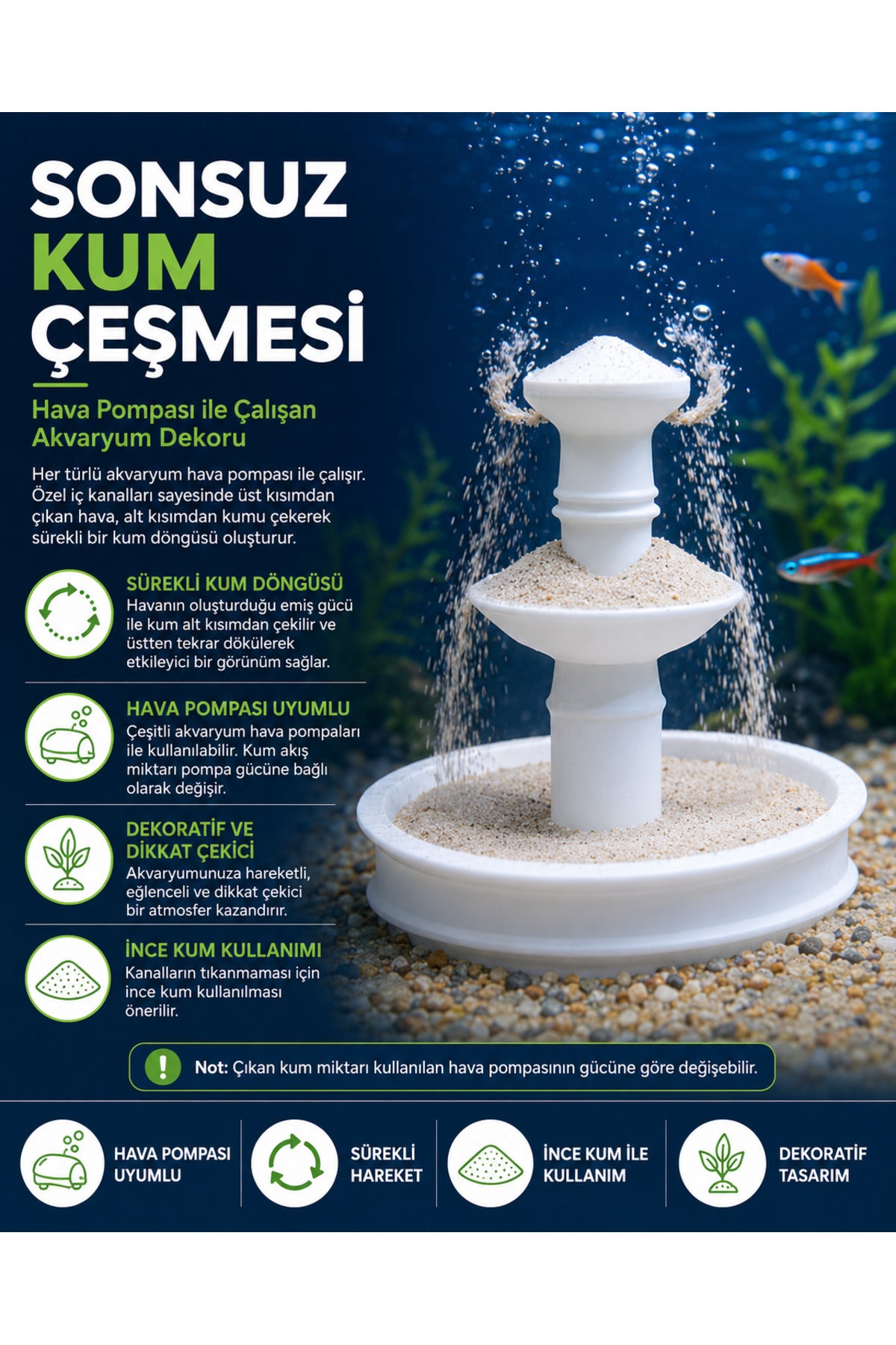 Sonsuz Kum Çeşmesi Akvaryum Dekoru – Hava Pombası ile Çalışan Hareketli Kum Döngülü Akvaryum Süsü