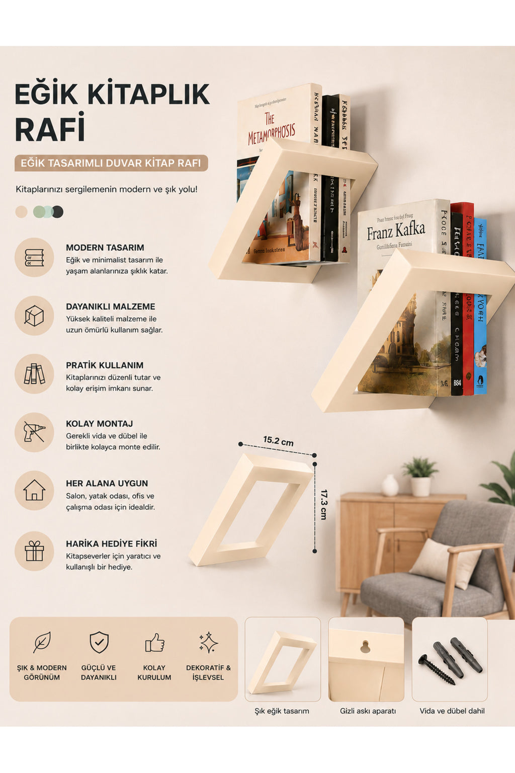Eğik Kitap Rafı Havada Görünüm 15.2 x 17.3 Cm Boyutlarında Raf Dekor Ürünü Krem
