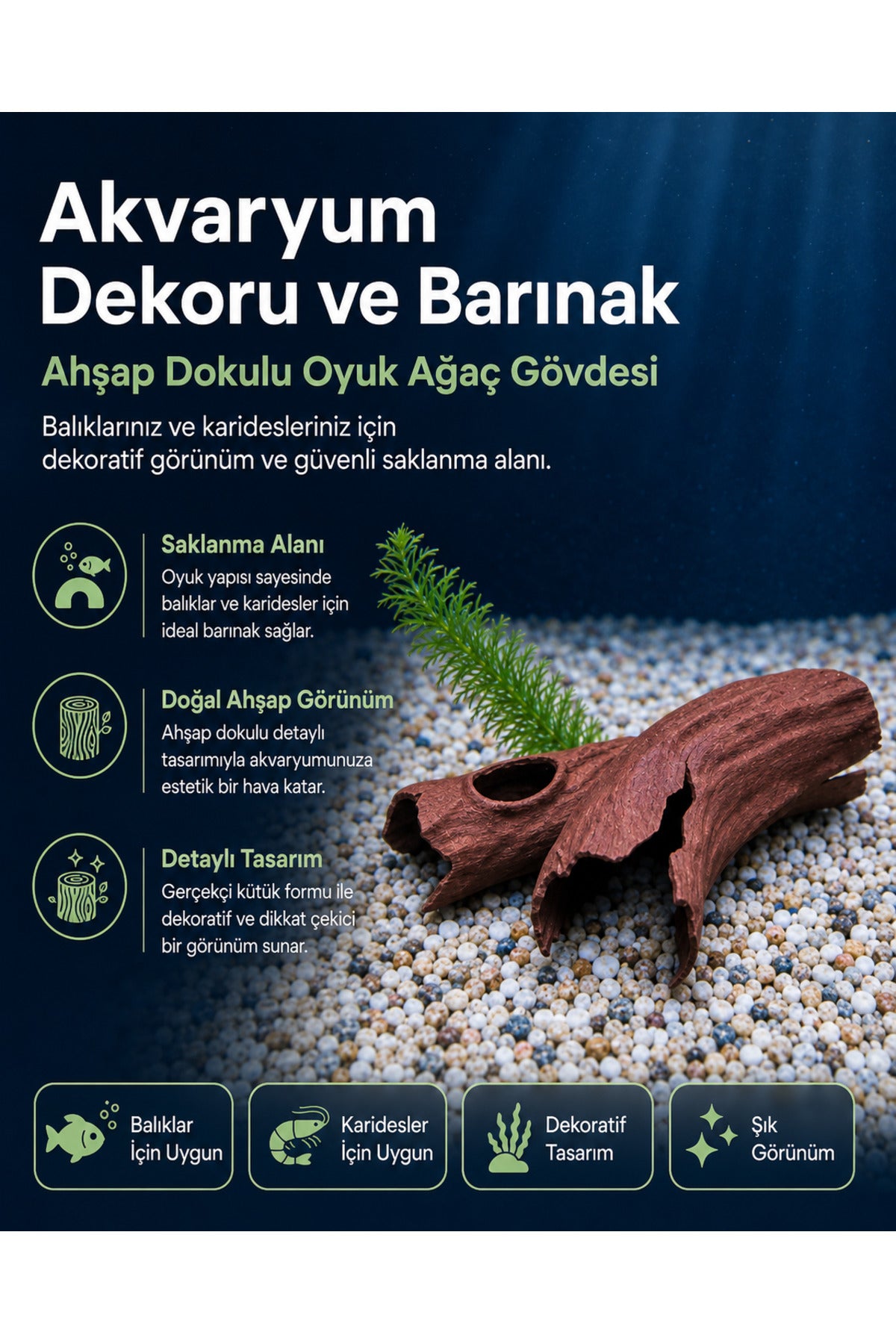 Ahşap Dokulu Akvaryum Dekoru Oyuk Ağaç Gövdesi – Balık ve Karides Saklanma Alanı, Dekoratif Akvaryum Süsü