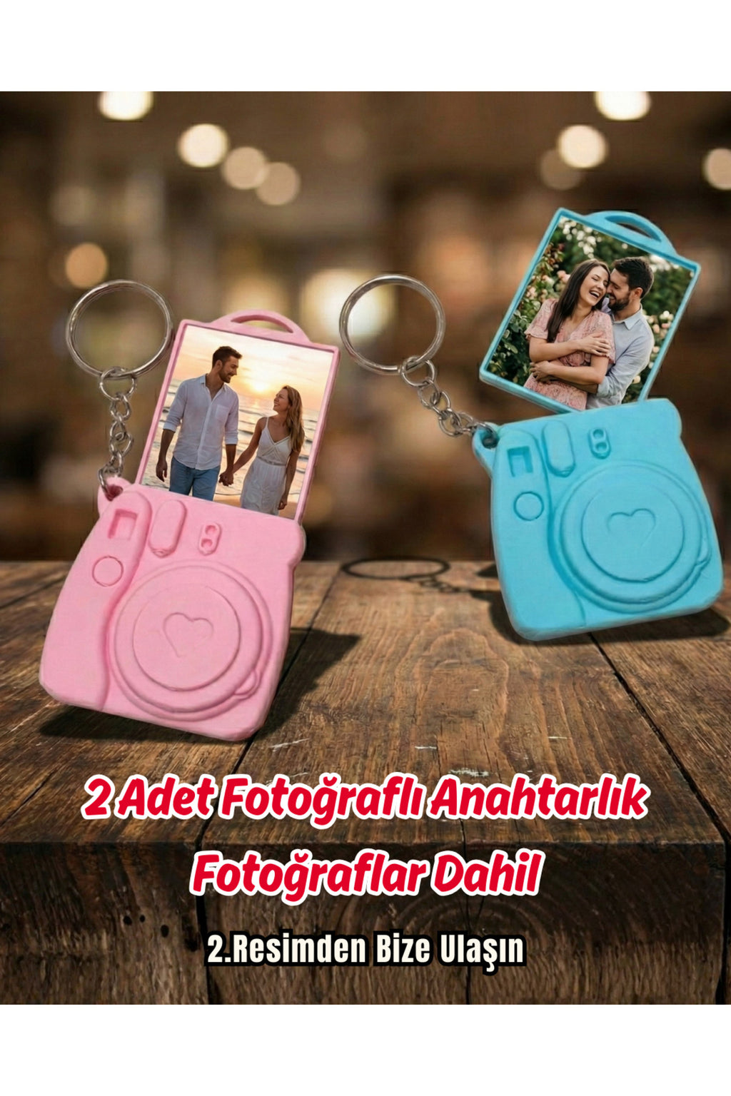 2 Adet Fotoğraflı Anahtarlık Fotoğraflar Dahil Fotoğraf Makinesi Şeklinde