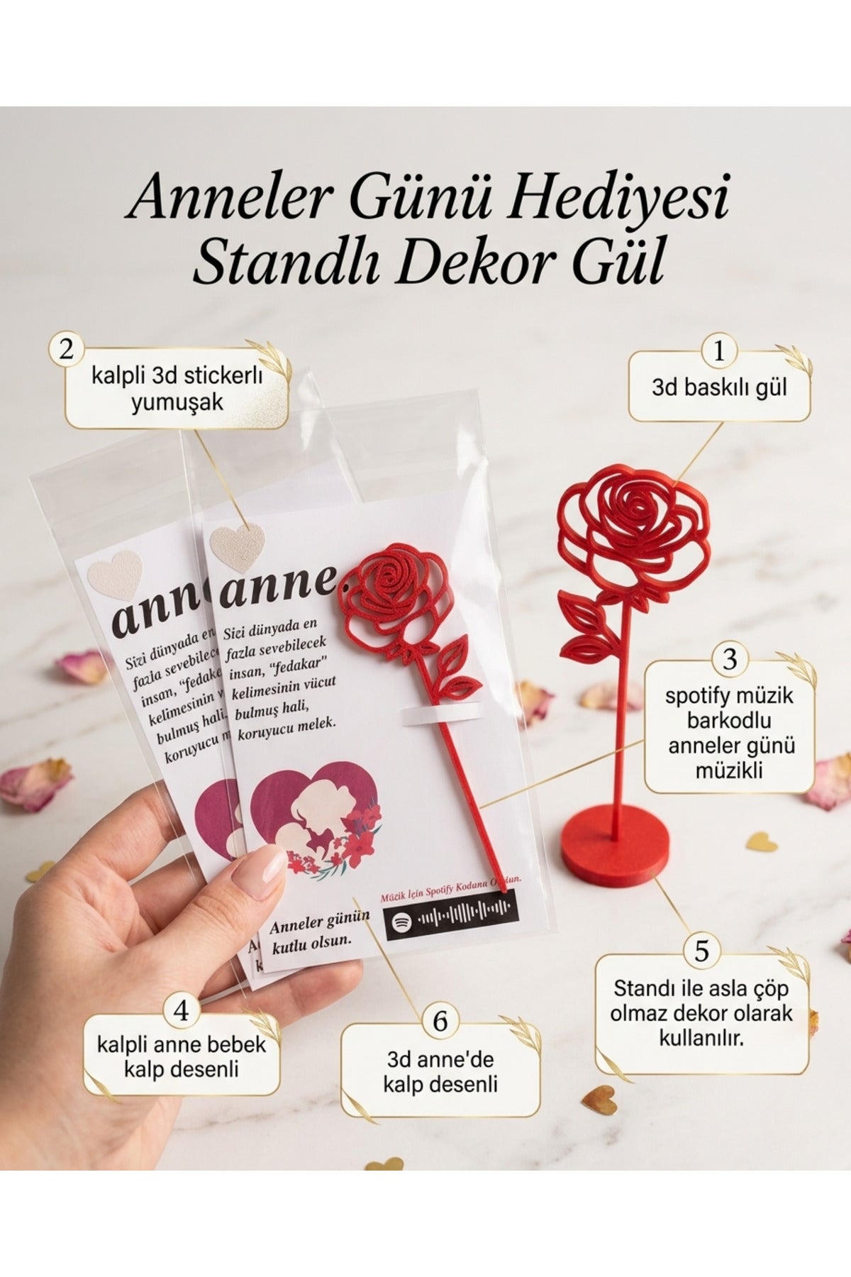 7 Adet Anneler Günü Hediyesi Gül Standlı Kartlı Şeffaf