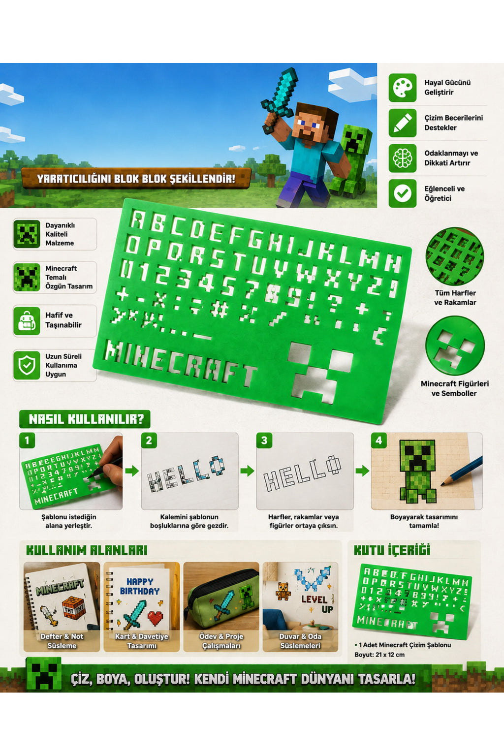 Minecraf Temalı Çizim Şablonu Eğlenceli Çizimler İçin Eğitici Çizim Şablonu