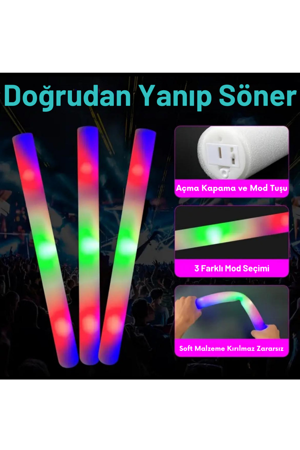 Üç Modlu LED Işık Çubuğu Köpük 1 Adet Parti Düğün Kına Kutlama Organizasyon Gösteri Festival Panayır - 4