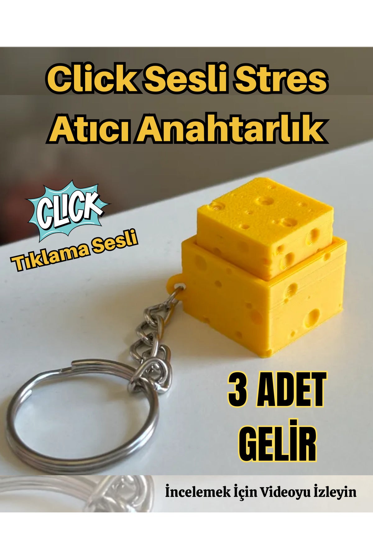 Peynir Şeklinde Tıklama Click Sesli Anahtarlık Sarı Stres Atıcı 3 Adet Gelir