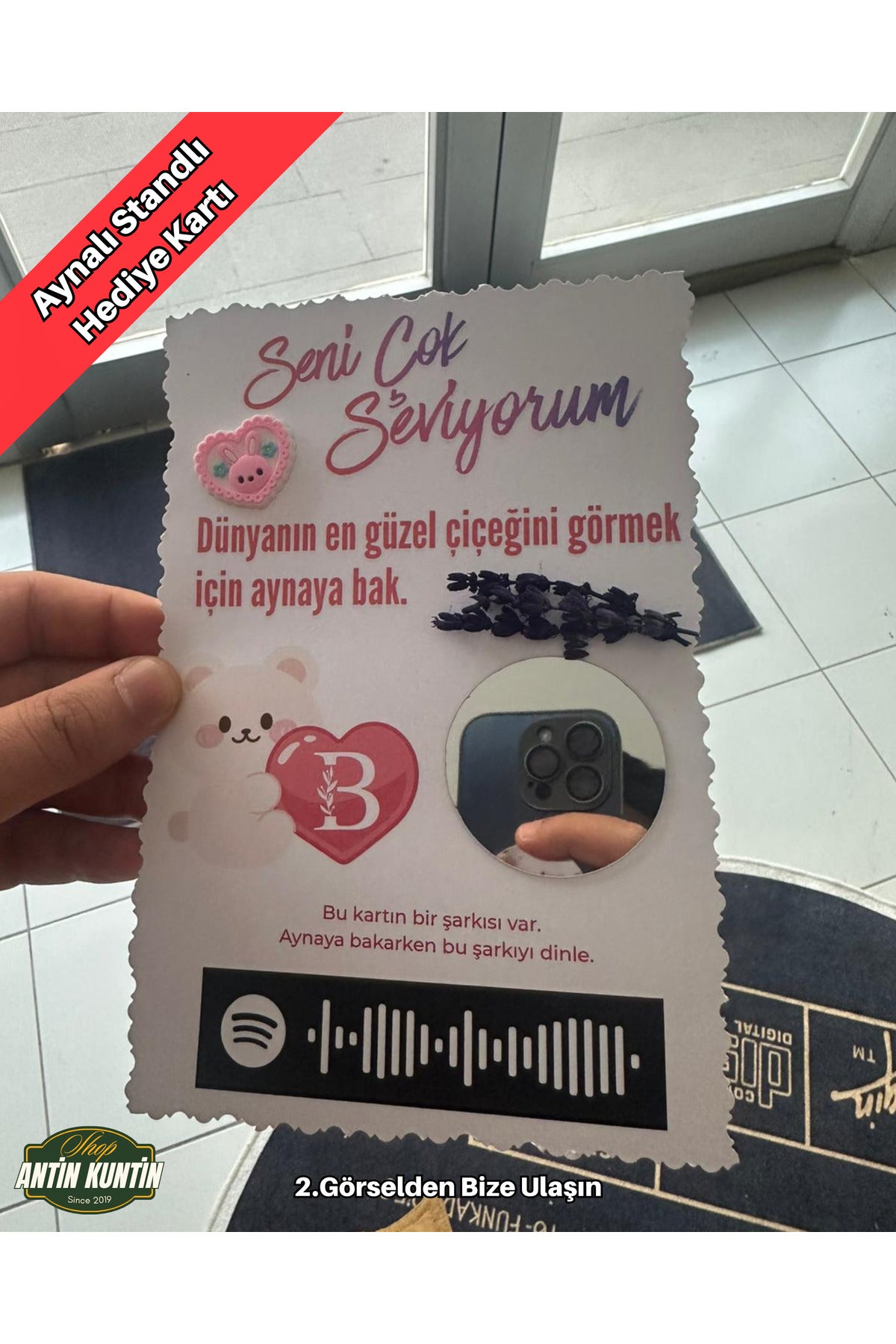 Aynalı Çiçekli Spotify Müzikli Standlı Seni Seviyorum Baş Harfli Stickerlı Hediye Kartı Kişiye Özel