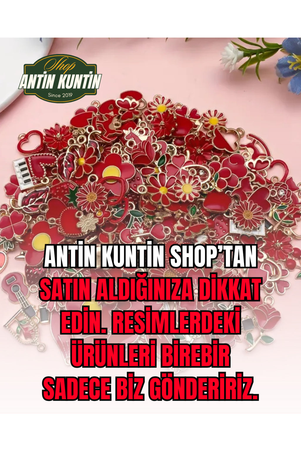 Kırmızı 10 Adet Kolye Ucu Seti Karışık Gelir Sadece Kırmızı Charm Bileklik Bilezik Küpe Ucları Seti - 2