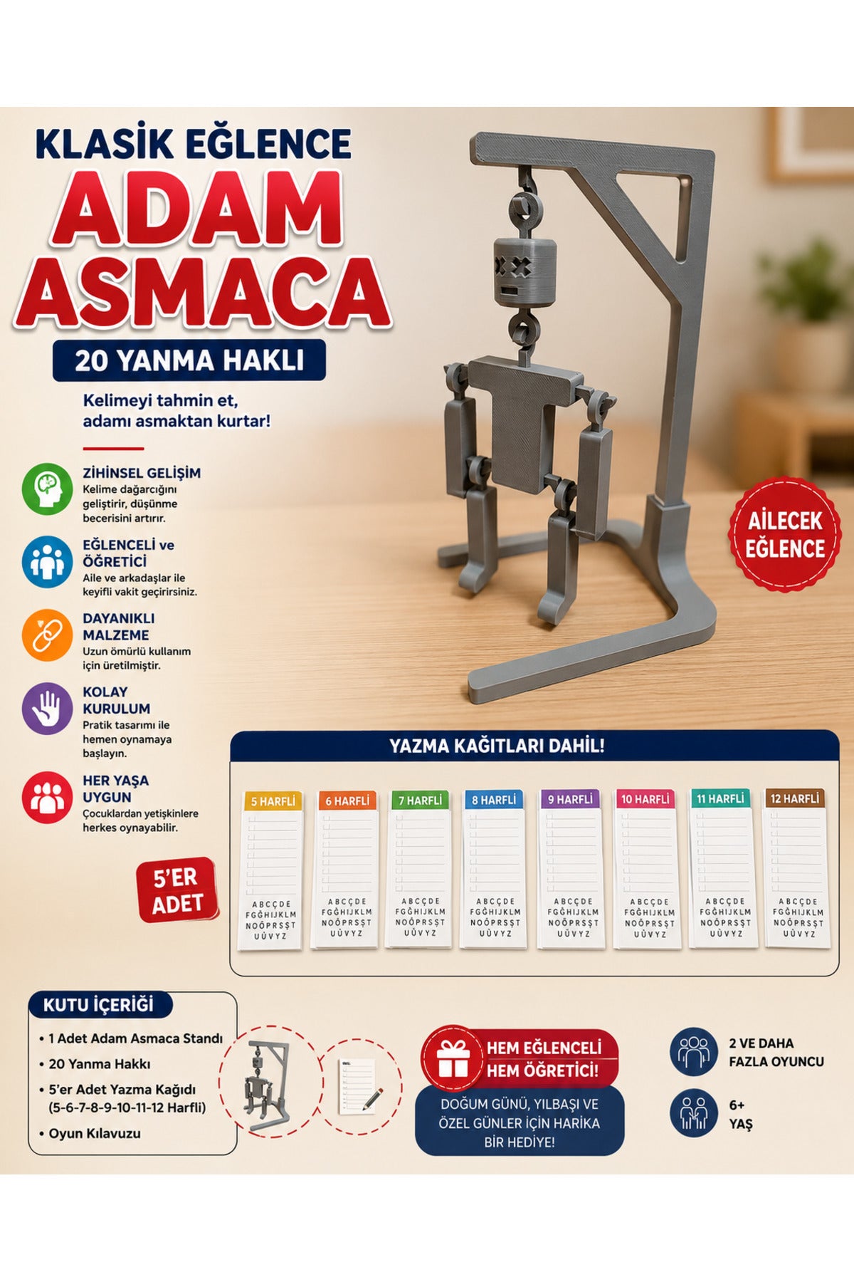 Adam Asmaca Oyunu 20 Yanma Haklı Kağıtlı Eğlenceli Aktivite Oyunu Ailecek Oynanır Karışık Renk Gelir