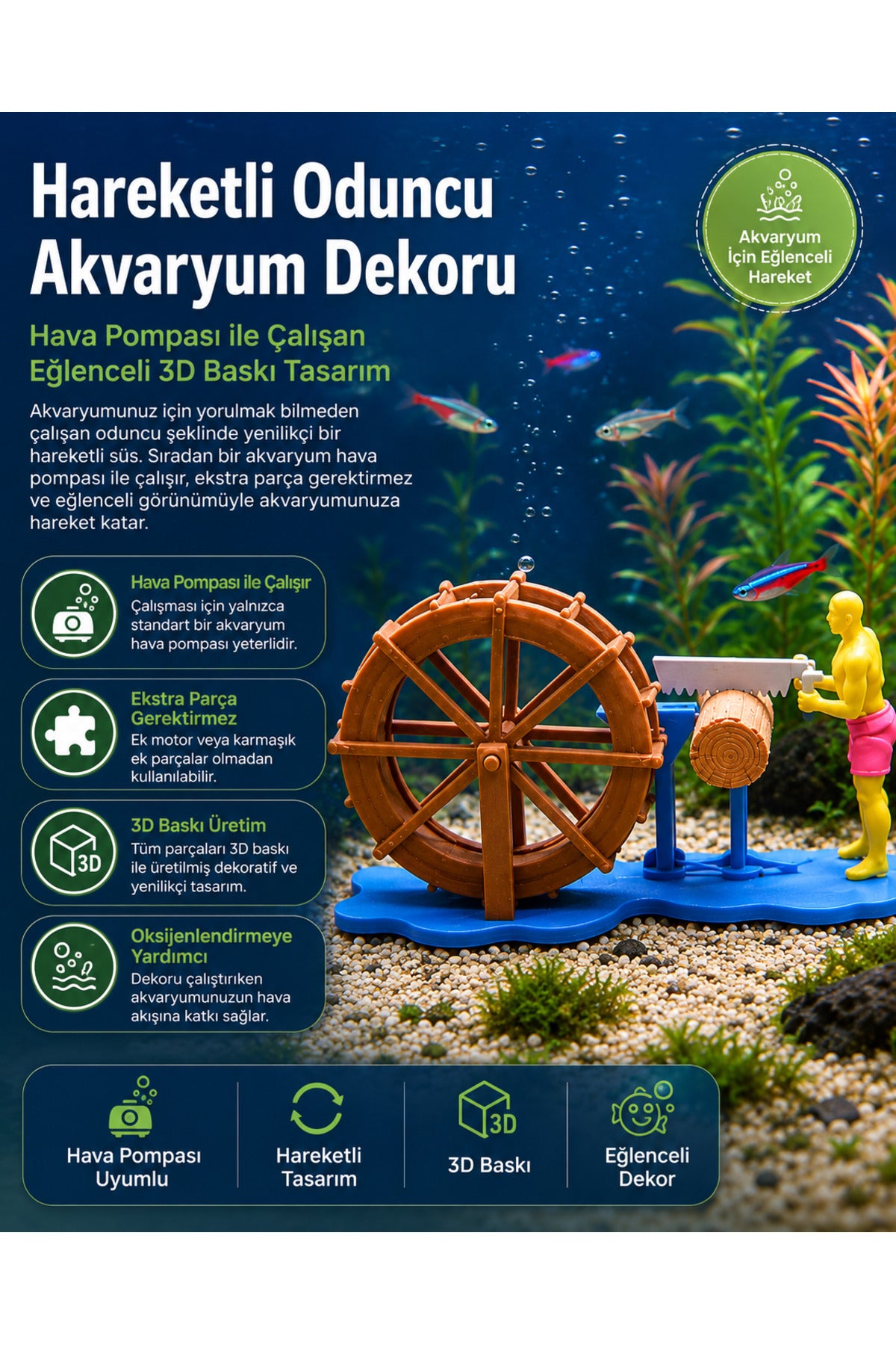 Hareketli Oduncu Akvaryum Dekoru – Hava Pompası ile Çalışan 3D Baskı Eğlenceli Akvaryum Süsü - 2