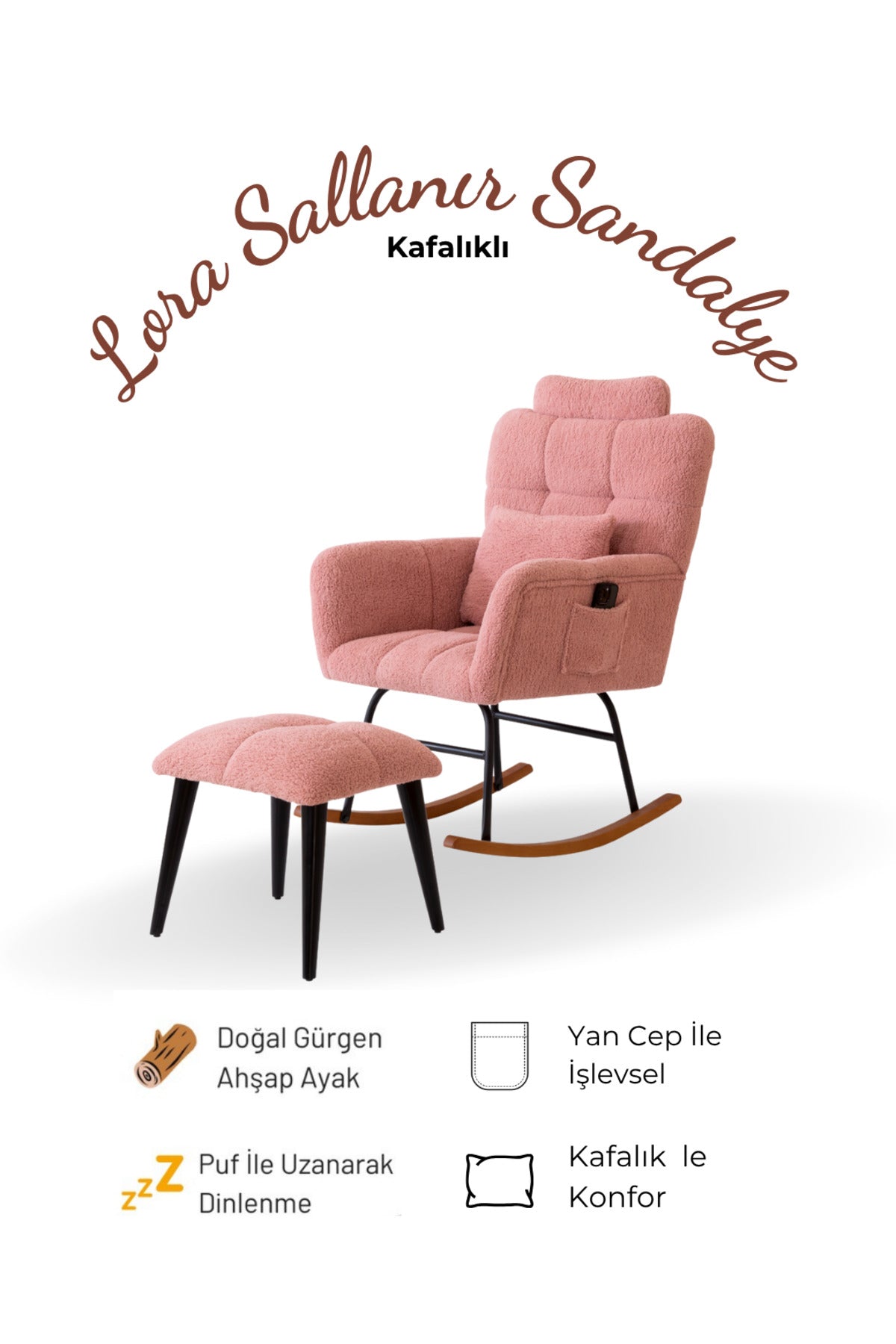 Pembe Lora Sallanır Sandalye Kafalıklı Rahat Dinlenme Baba Koltuğu Berjer