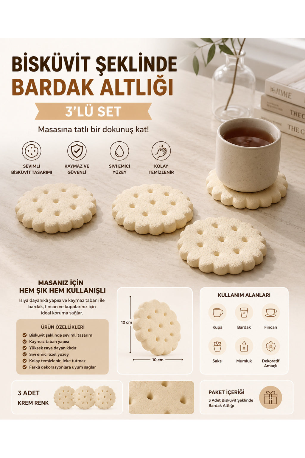 Bisküvi Kurabiye Şeklinde Bardak Mum Altlığı Dekor Ürünü 3 Adet Krem