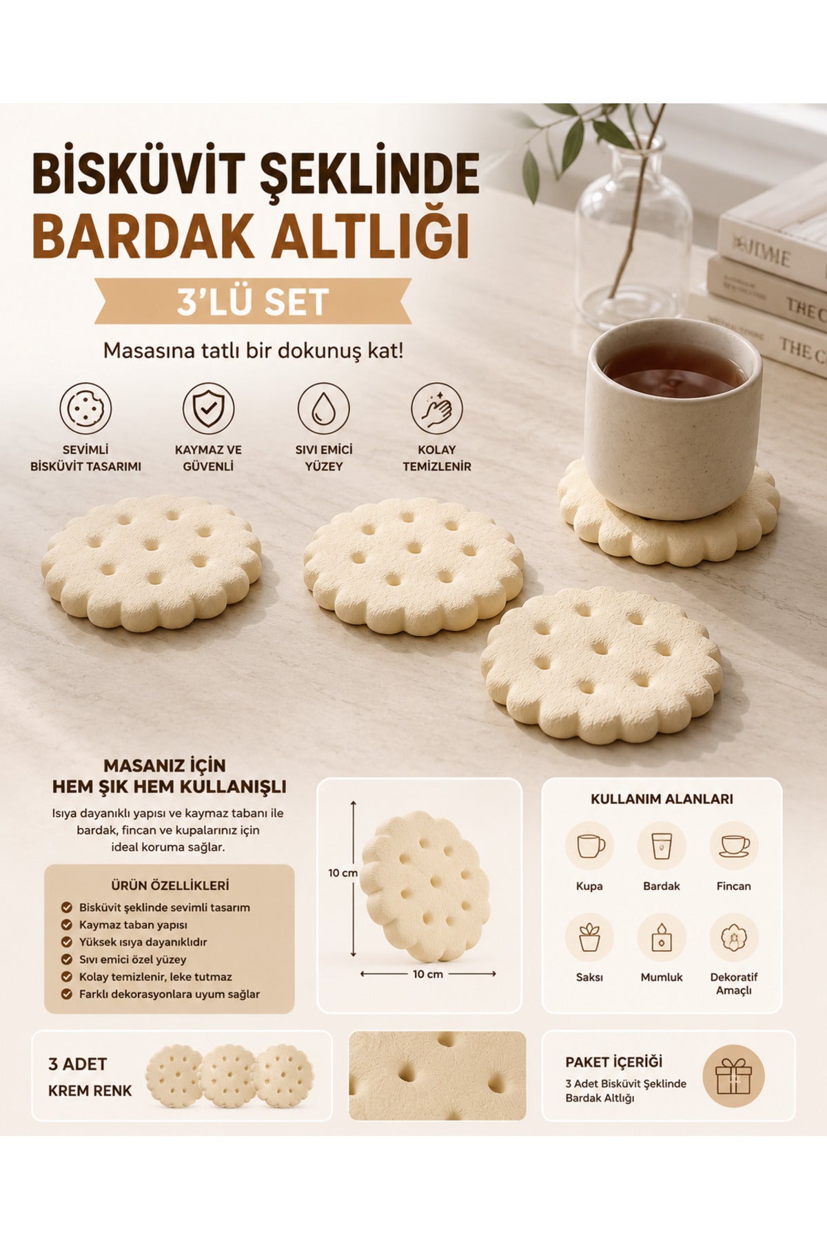 Bisküvi Kurabiye Şeklinde Bardak Mum Altlığı Dekor Ürünü 3 Adet Krem