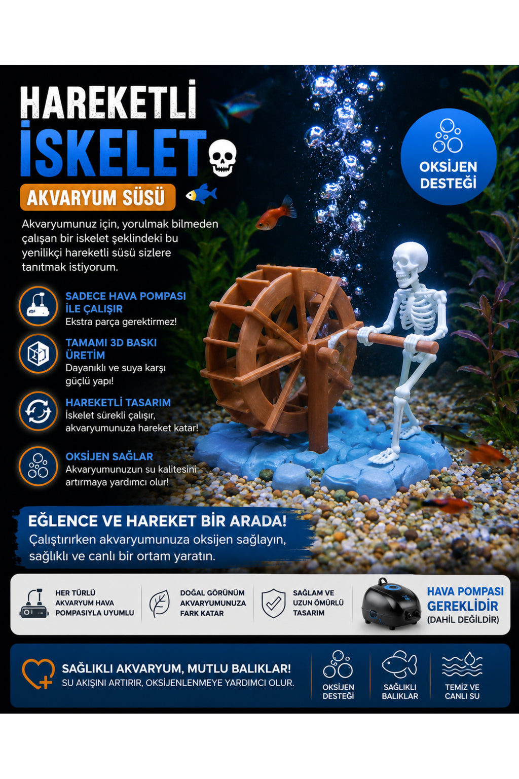 Hareketli İskelet Akvaryum Dekoru – Hava Pompası ile Çalışan 3D Baskı Oksijen Destekli Akvaryum Süsü - 2