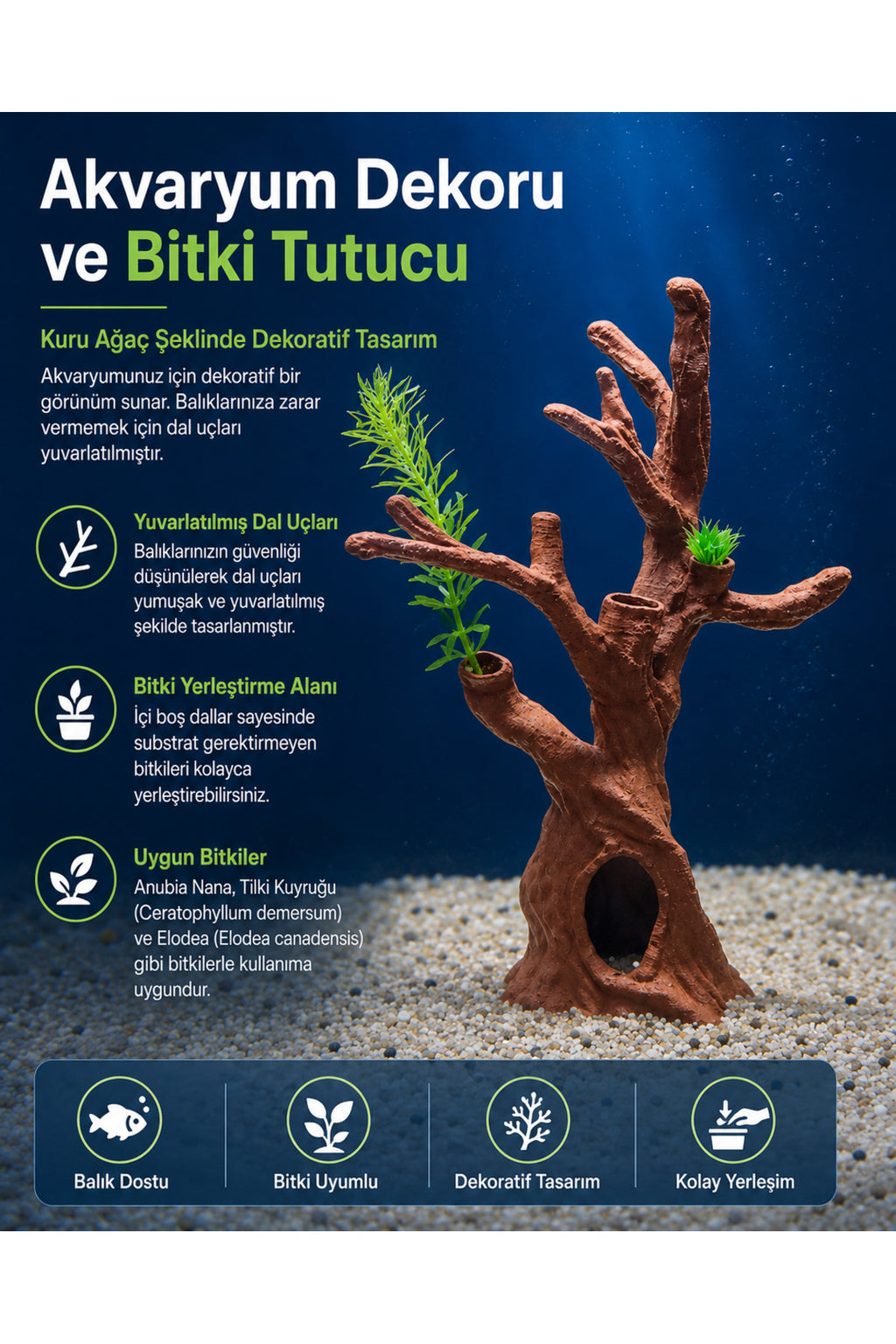 Kuru Ağaç Şeklinde Akvaryum Dekoru ve Bitki Tutucu – Yuvarlatılmış Dal Uçlu, Bitki Yerleştirme Hazneli Akvaryum Süsü