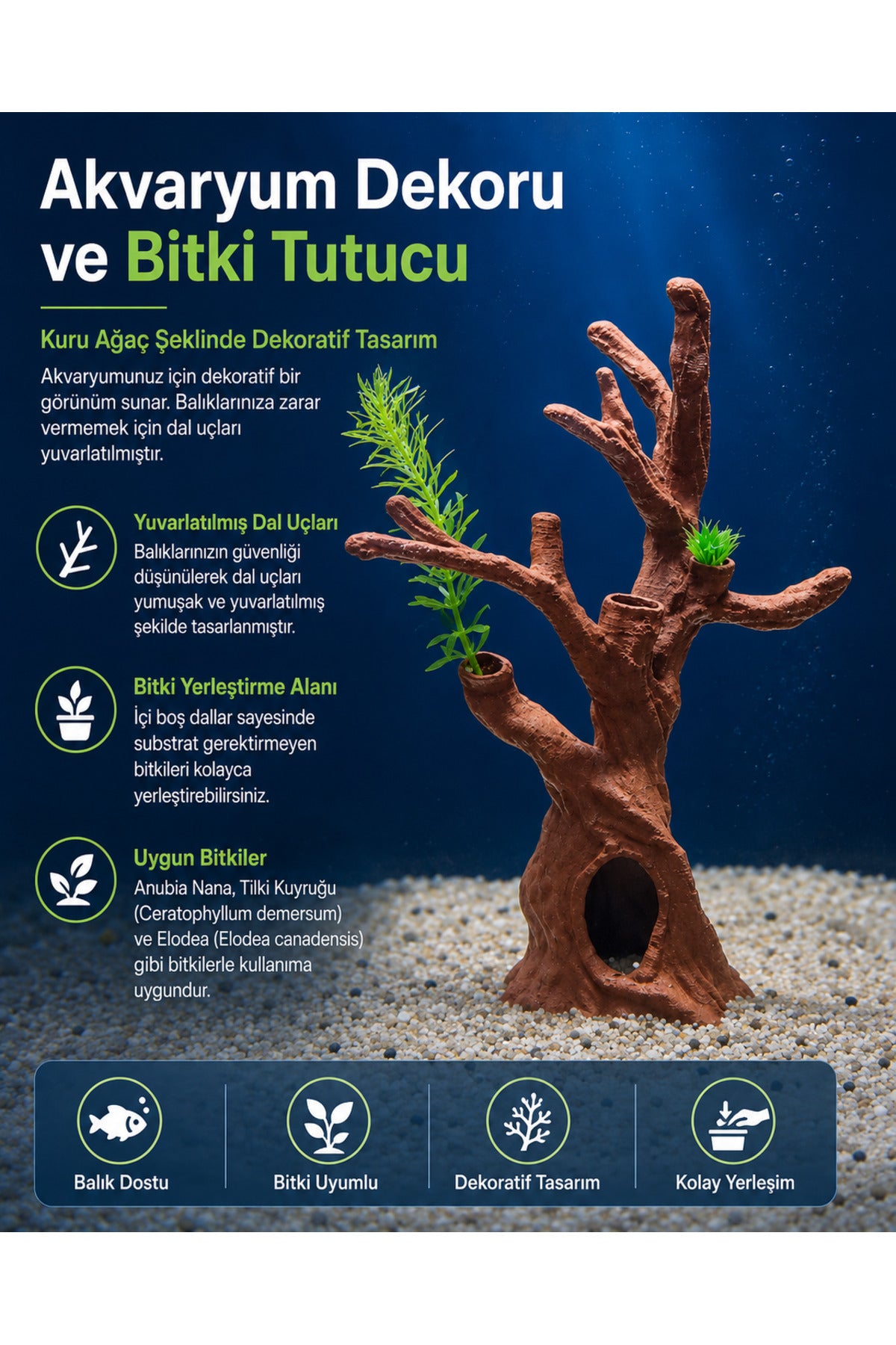 Kuru Ağaç Şeklinde Akvaryum Dekoru ve Bitki Tutucu – Yuvarlatılmış Dal Uçlu, Bitki Yerleştirme Hazneli Akvaryum Süsü