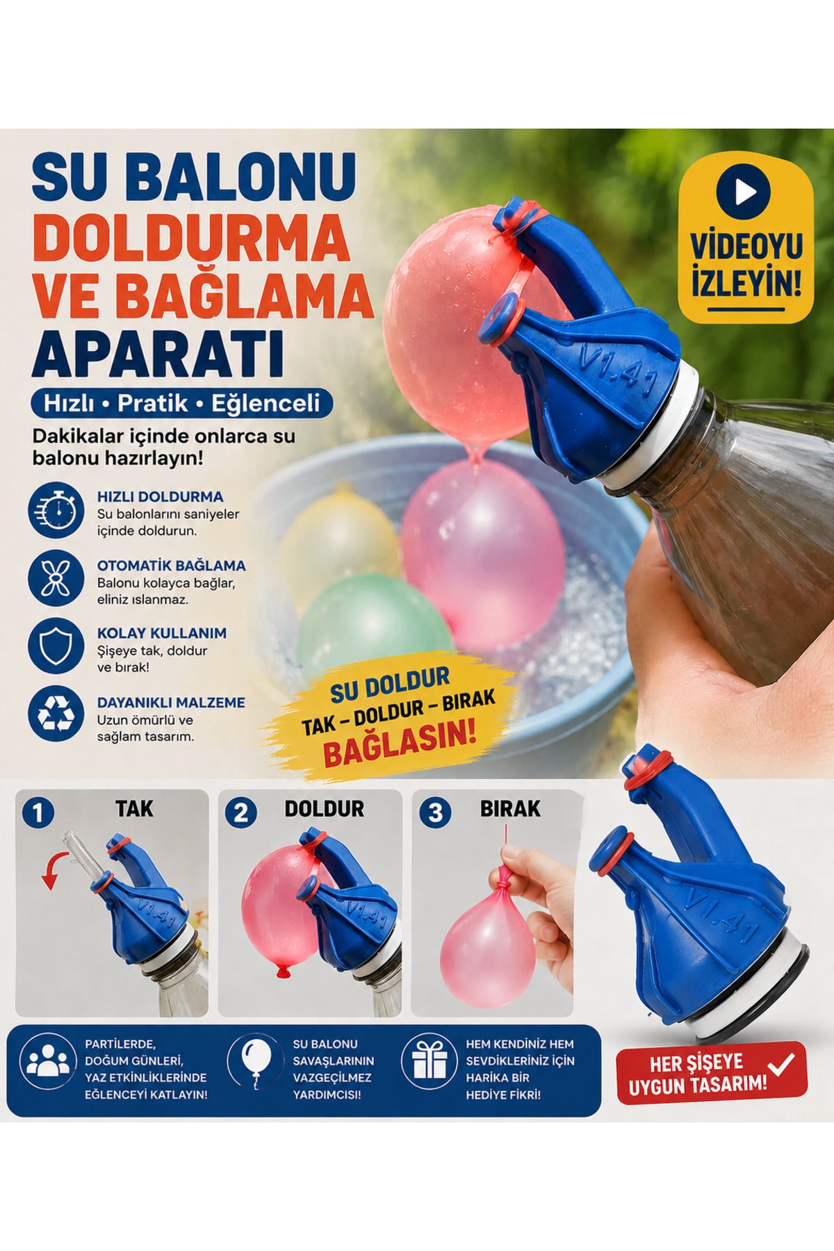 Su Balonu Doldurma ve Hızlı Bağlama Aparatı Karışık Renk 1 Adet Yaz Serinleme