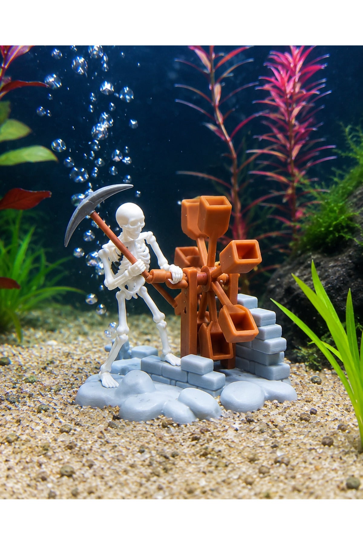 Hareketli Madenci İskeleti Akvaryum Dekoru – Hava Pompası ile Çalışan 3D Baskı Oksijen Destekli Akvaryum Süsü
