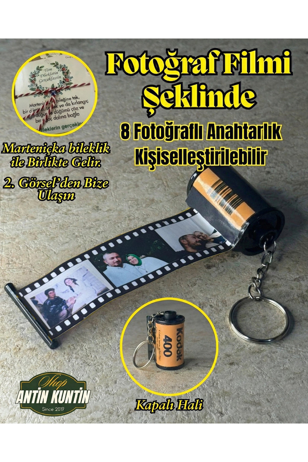 Siyah Fotoğraf Filmi Şeklinde 8 Fotoğraflı Anahtarlık Hediyelik Sevgiliye Hatıra Bileklikle Gelir