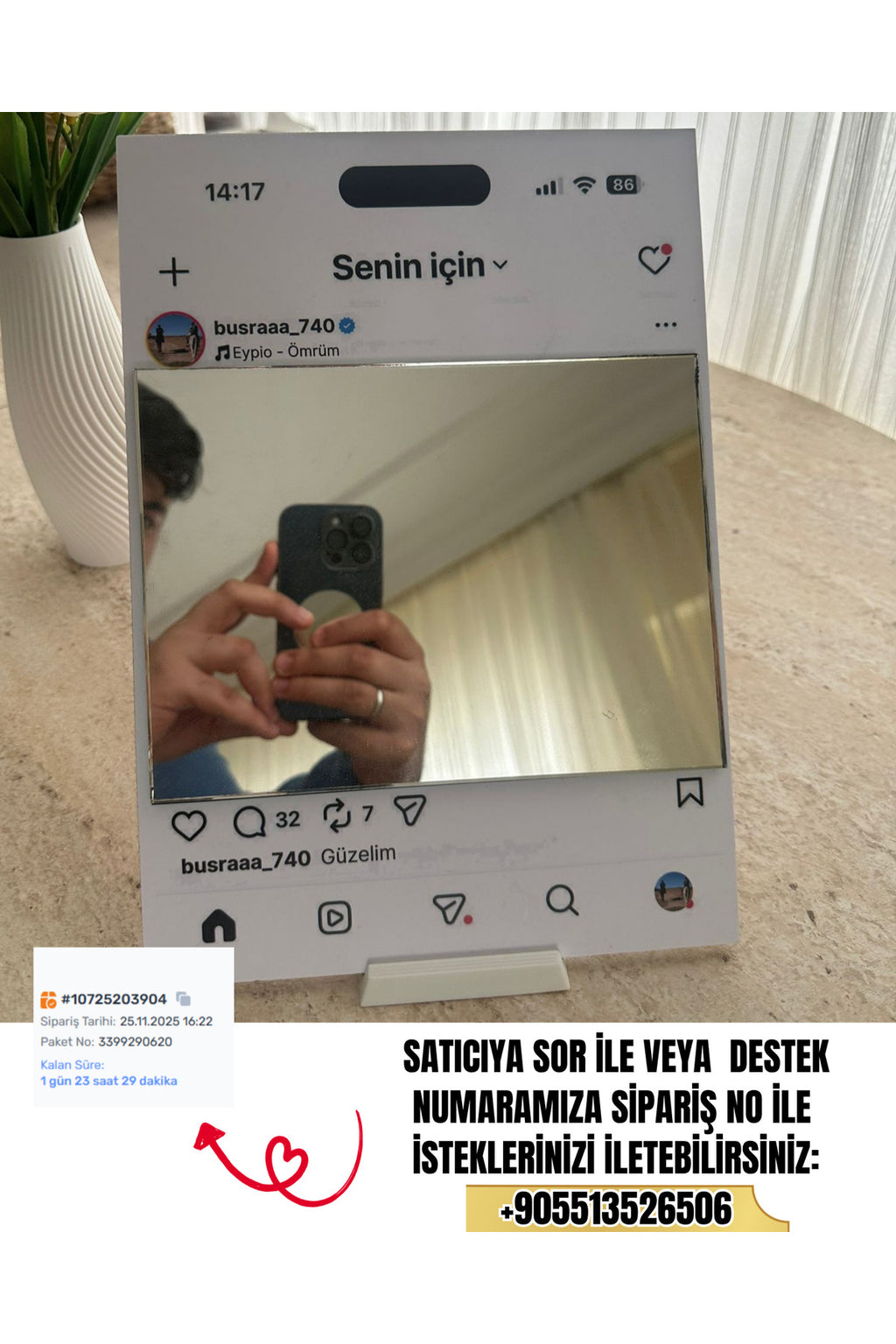 Meşhur İnstagram Aynası Ayarlanabilir Standlı Askı Aparatlı Kişiye Özel Tasarım Hediyelik - 2