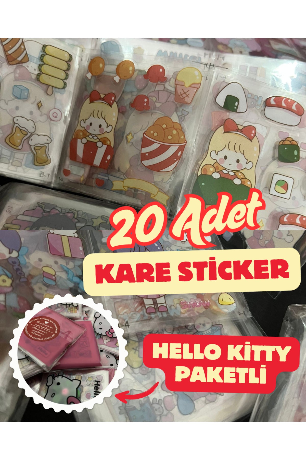 20 Adet Kare Sticker Set Karışık Şekilli Hello Kitty Kuromi Sanrio Poşetli Mini Bant Hediyeli
