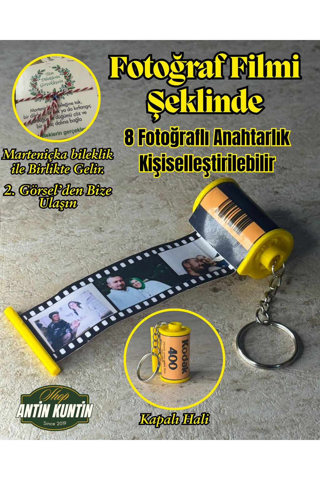 Fotoğraf Filmi Şeklinde 8 Fotoğraflı Anahtarlık Hediyelik Sevgiliye Hatıra Bileklikle Gelir