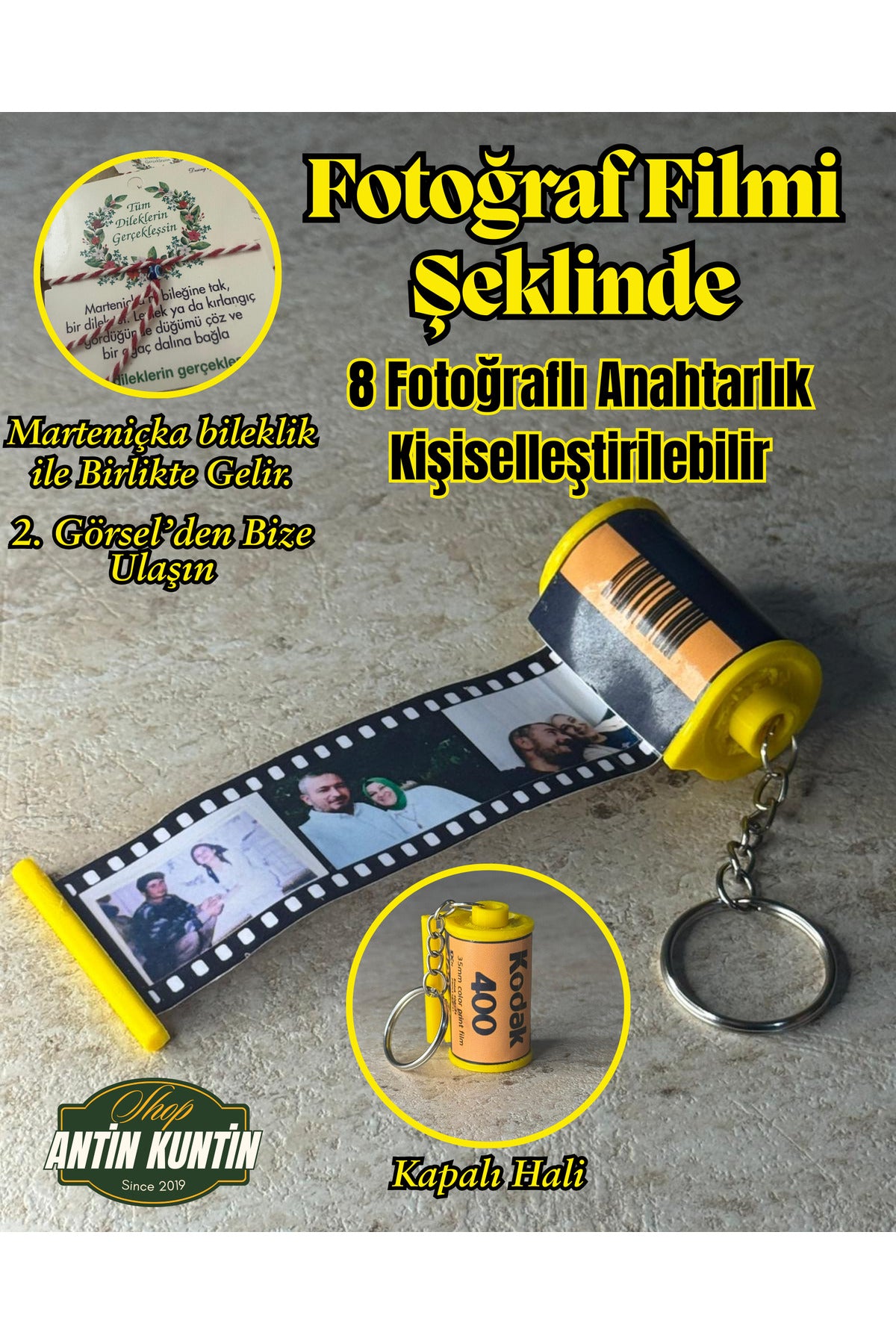 Fotoğraf Filmi Şeklinde 8 Fotoğraflı Anahtarlık Hediyelik Sevgiliye Hatıra Bileklikle Gelir
