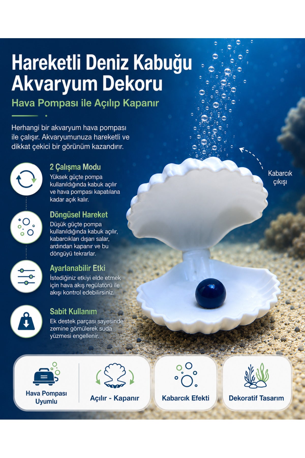 Hareketli Deniz Kabuğu Akvaryum Dekoru – Hava Pompası ile Açılıp Kapanan Kabarcıklı Akvaryum Süsü