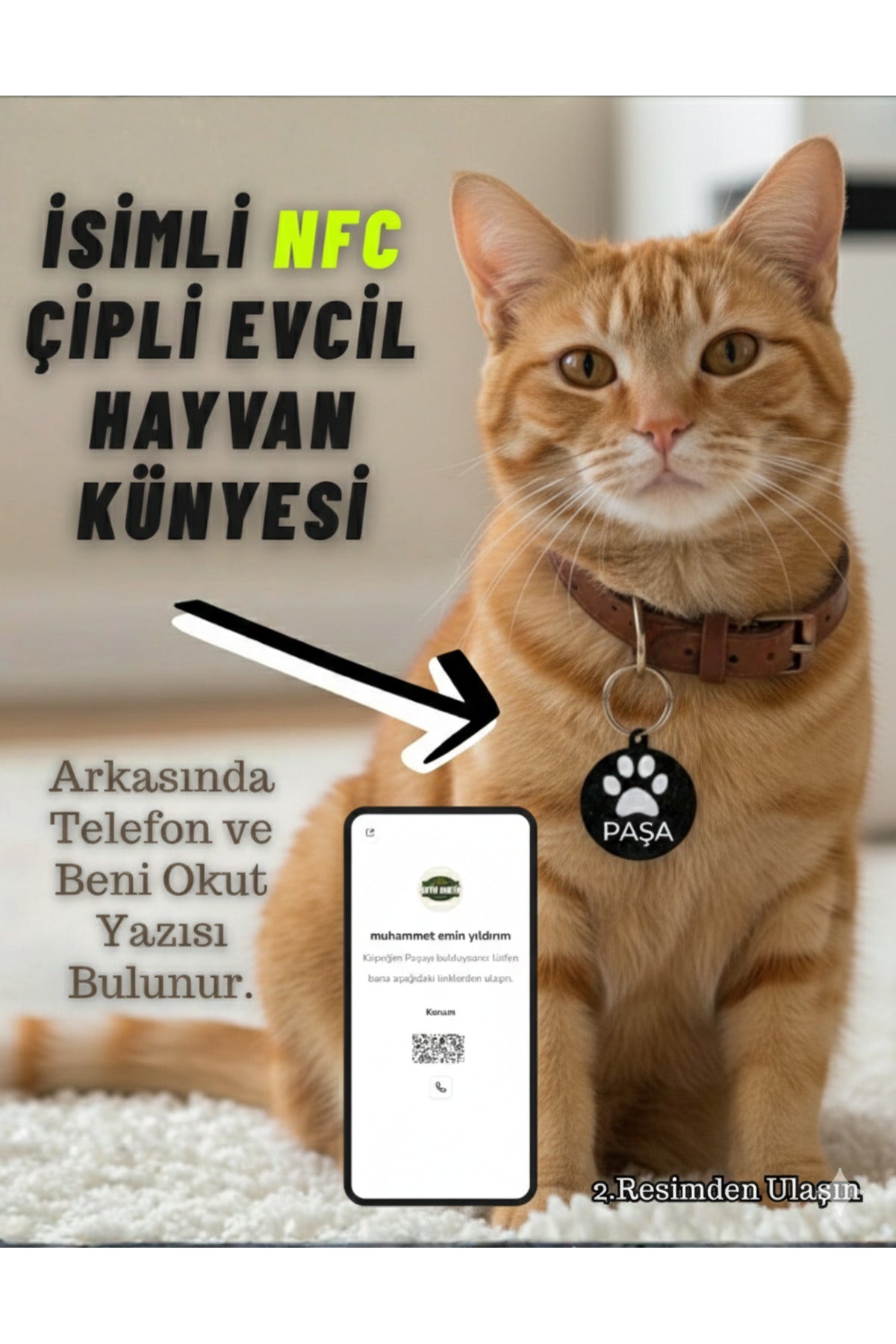 İsme Özel Akıllı NFC Kedi Künyesi İsimlik Tasma- Kayıp Önleyici Dijital Tasmalı Çip