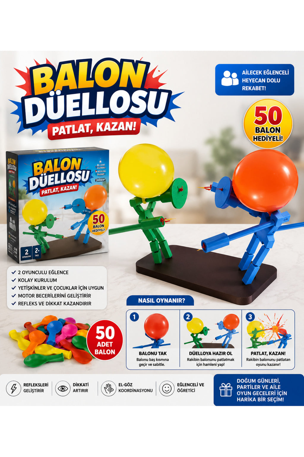 Balon Düellosu Balon Patlatma Savaş Oyunu Eğlenceli Aktivite 50 Balonlu Süper Oyun