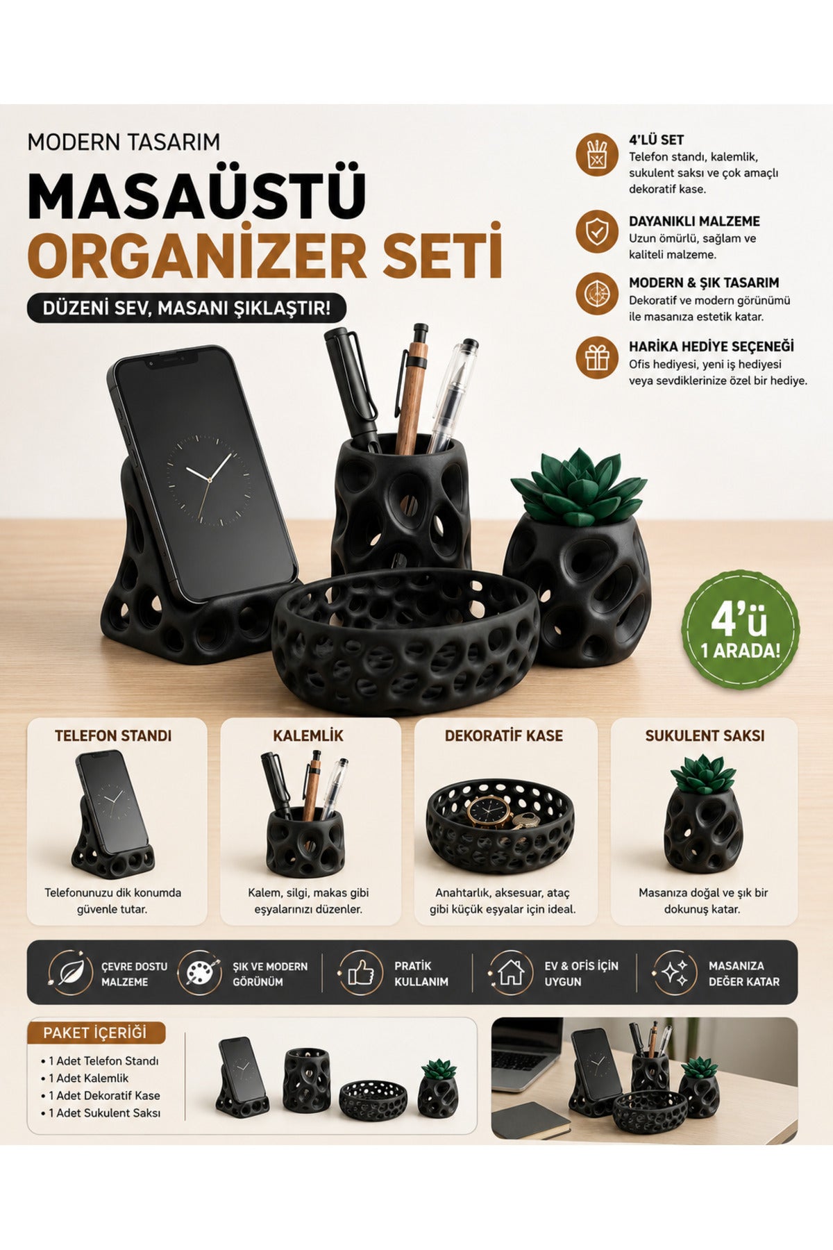 Modern Koyu Masaüstü Organizer Seti Siyah 4 Lü İşlevsel Set Hediyelik