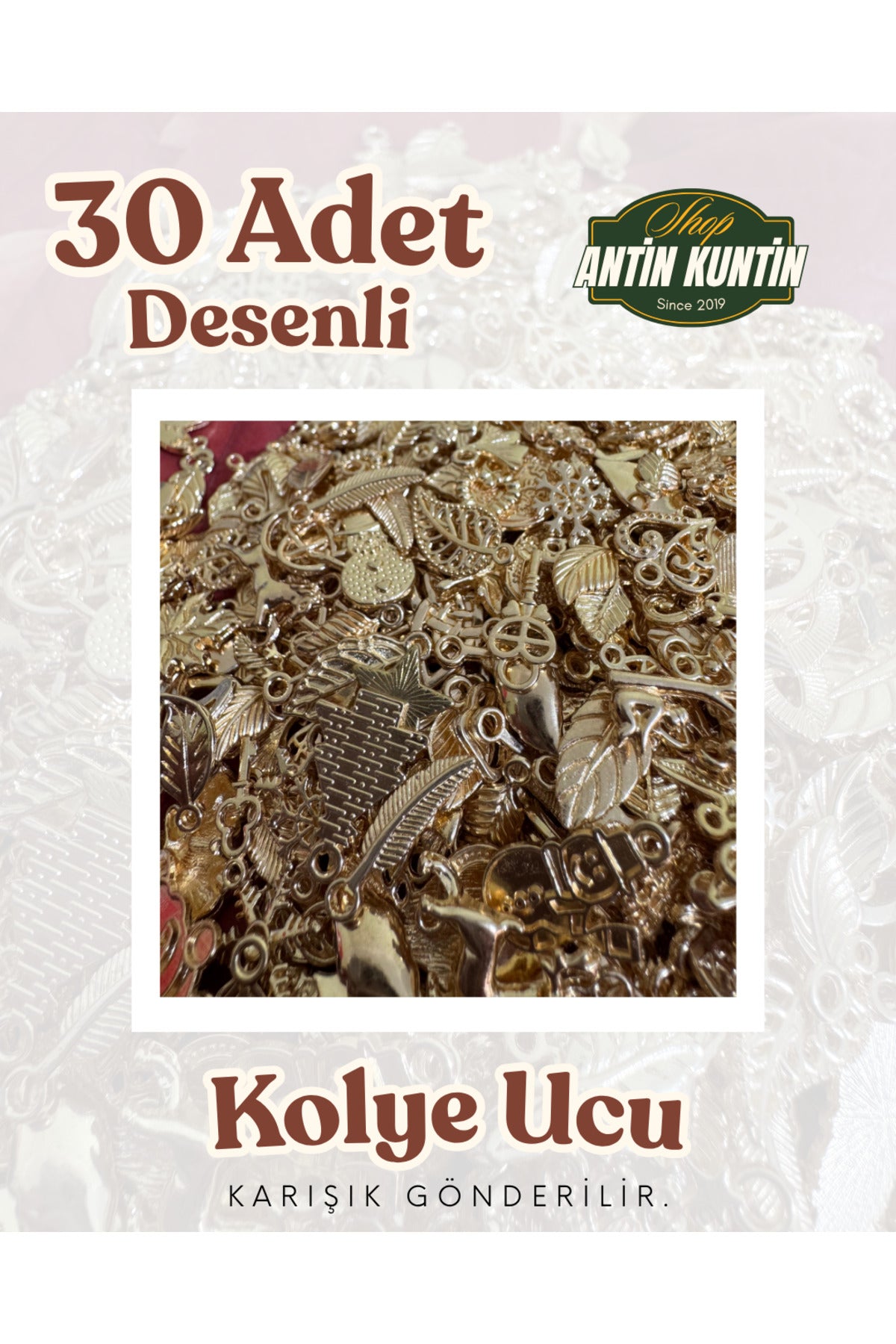 30 Adet Gold Renksiz Karışık Şekilli Kalpli Ağaç Aşk Sevgili Kolye Uçları