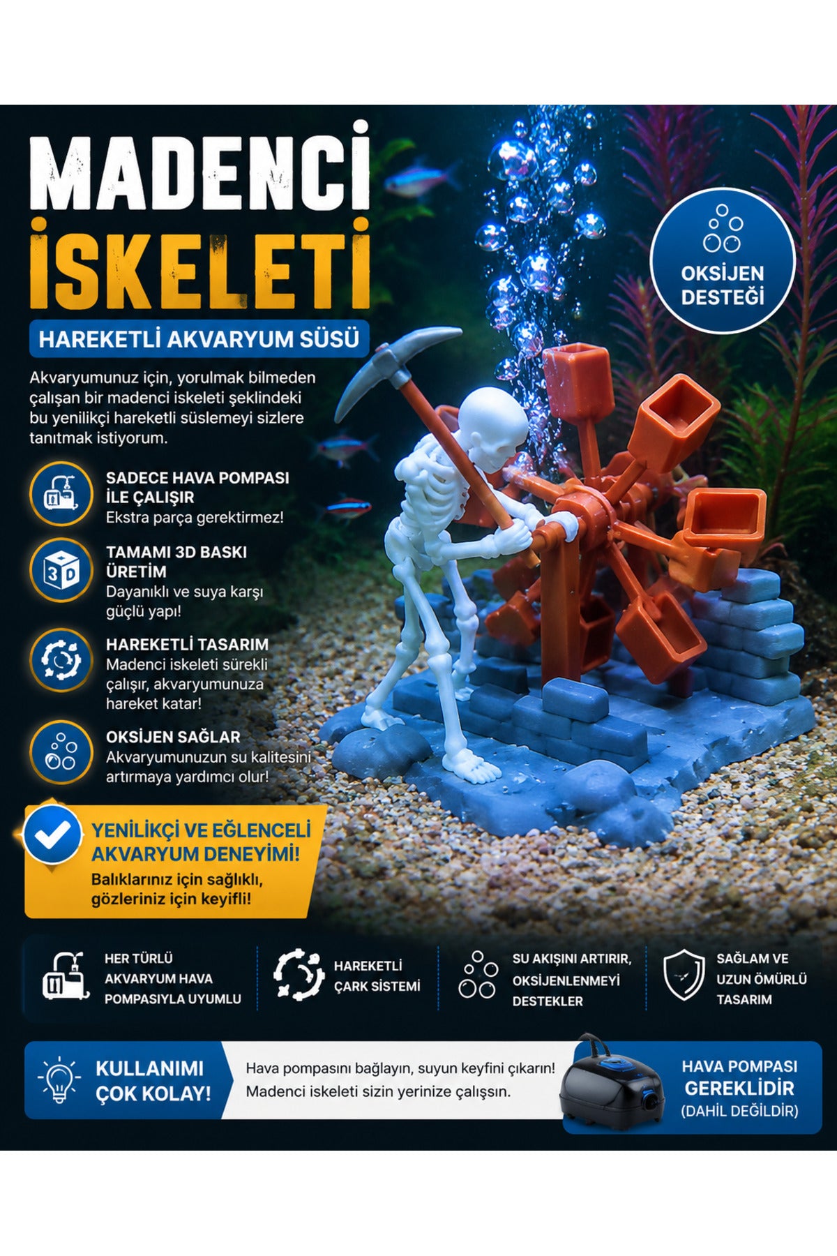 Hareketli Madenci İskeleti Akvaryum Dekoru – Hava Pompası ile Çalışan 3D Baskı Oksijen Destekli Akvaryum Süsü - 2
