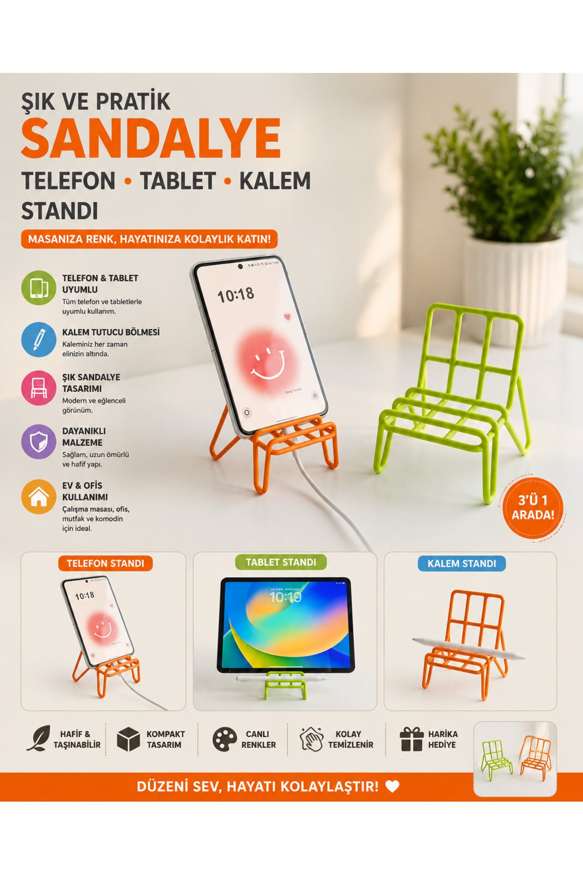 Sandalye Şeklinde Renkli Telefon Tablet Kalem Standı Karışık Renk Gelir 1 Adet