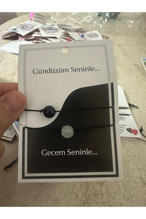 2 Li Siyah Beyaz Yuvarlak Taşlı Çift Bilekliği