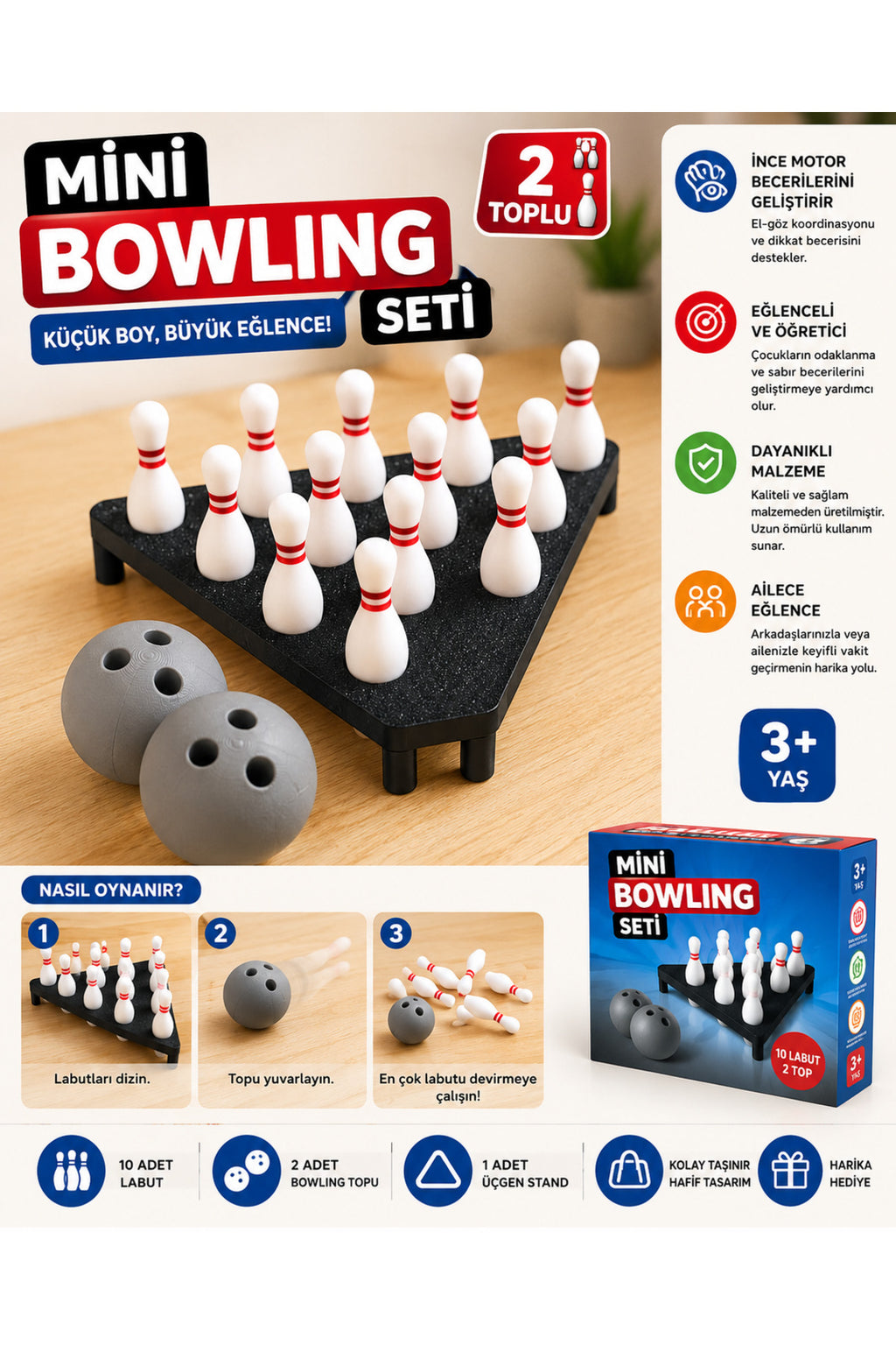 Mini Bowling Oyun Masa Oyunu Set 2 Topla Gelir Düzeltme Aparatlı Eğlenceli Aktivite Seti