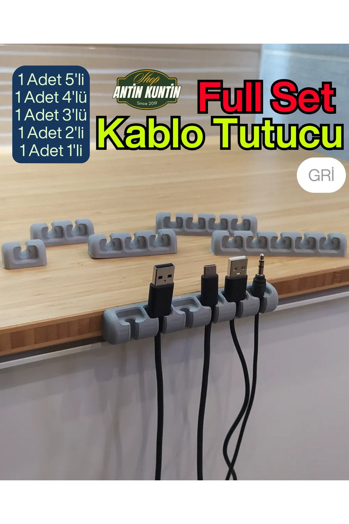 5'li Kablo Tutucu Set Gri Full Set 1 Adet 5'li 1 Adet 4'lü 1 Adet 3'lü 1 Adet 2'li 1 Adet 1'li