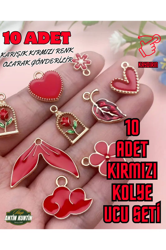 Kırmızı 10 Adet Kolye Ucu Seti Karışık Gelir Sadece Kırmızı Charm Bileklik Bilezik Küpe Ucları Seti